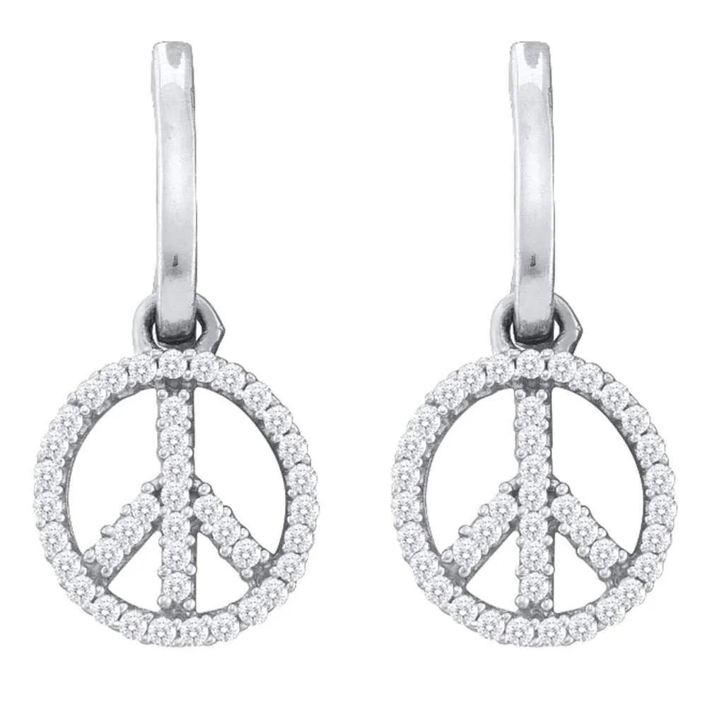 10k White Gold Diamond Peace-sign Dangle Earrings 1/4 Cttw