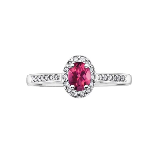 10K White Gold (June) Birthstone Pink Tourmaline and Diamond Halo Ring