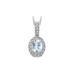 10K White Gold (March) Birthstone Aquamarine and Diamond Halo Pendant