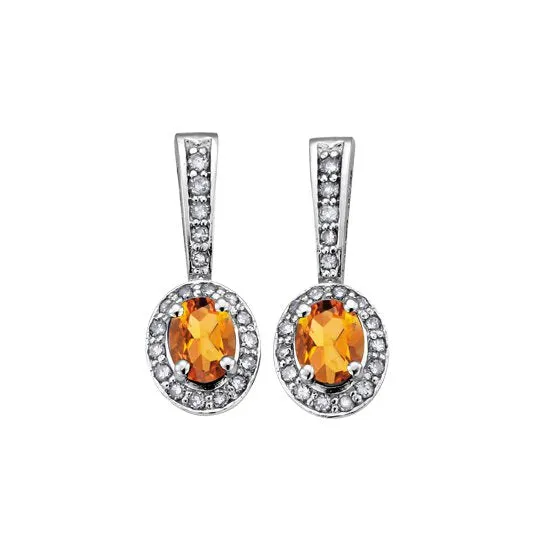 10K White Gold (November) Birthstone Citrine and Diamond Dangle Earrings