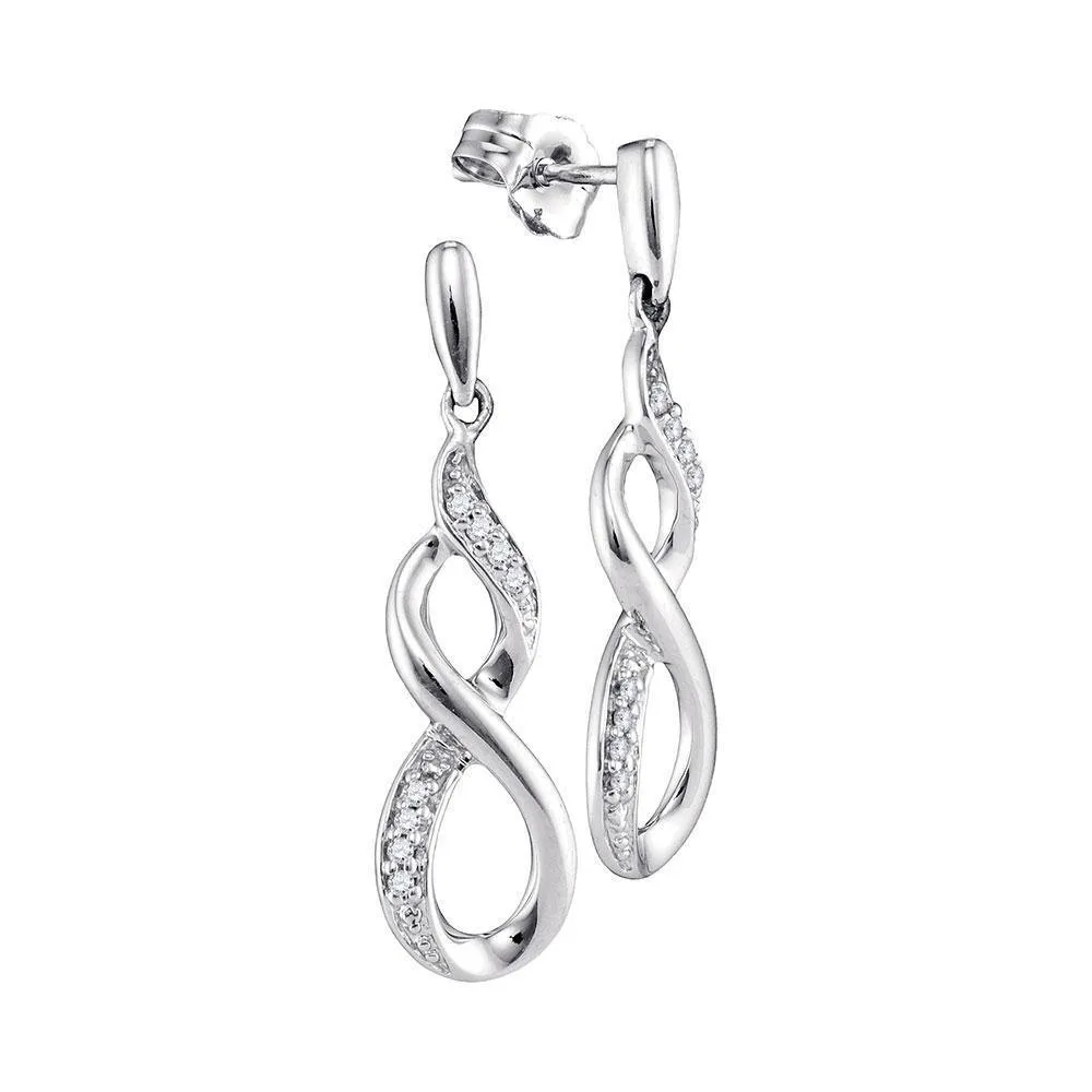 10K White Gold Round Diamond Infinity Dangle Earrings 1/20 Cttw