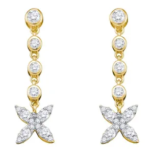 10K Yellow Gold Round Diamond Flower Cluster Dangle Earrings 3/4 Cttw