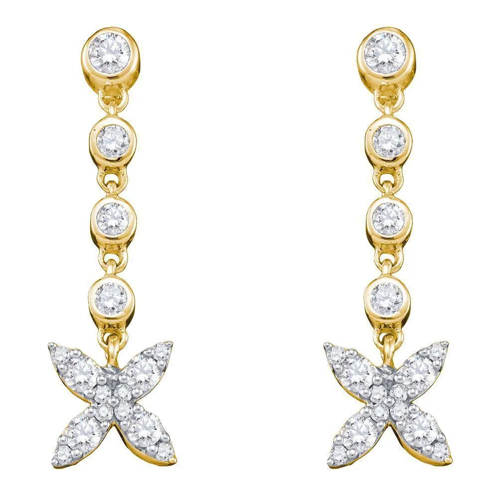 10K Yellow Gold Round Diamond Flower Cluster Dangle Earrings 3/4 Cttw