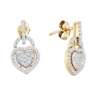 10K Yellow Gold Round Diamond Heart Dangle Earrings 1/3 Cttw