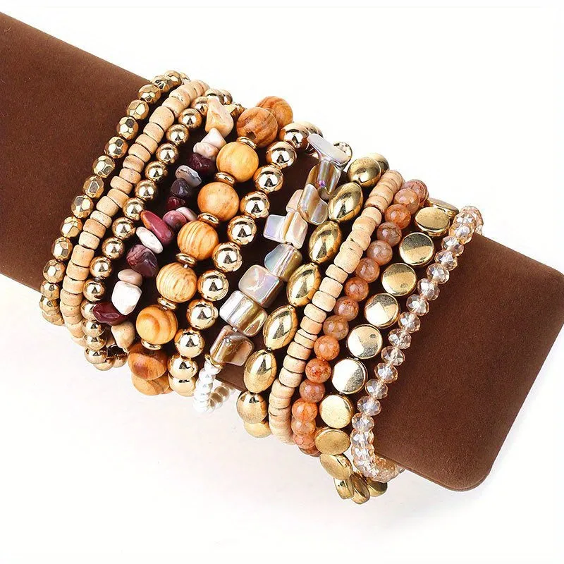 12pcs Boho Beach Bracelets Set, Resin Wooden Beaded Bracelets Set
