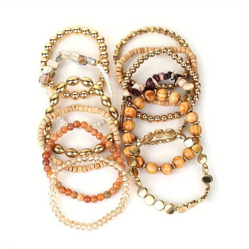 12pcs Boho Beach Bracelets Set, Resin Wooden Beaded Bracelets Set