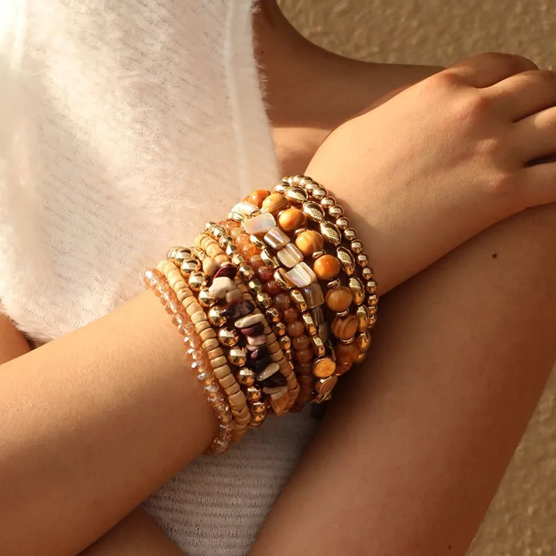 12pcs Boho Beach Bracelets Set, Resin Wooden Beaded Bracelets Set