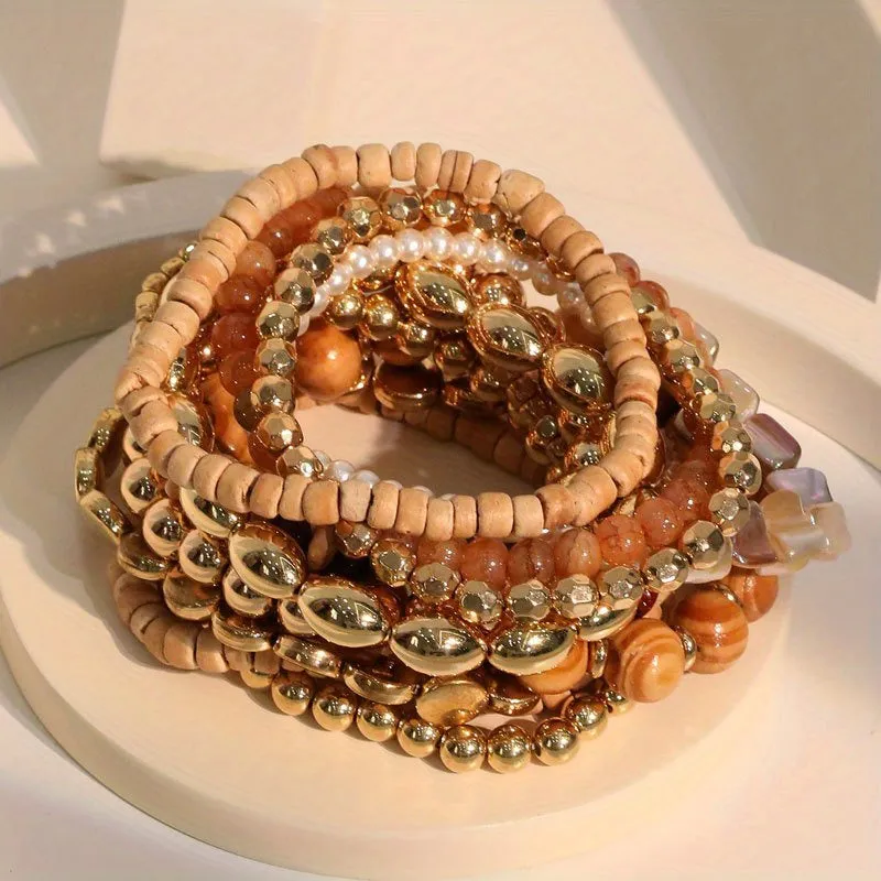 12pcs Boho Beach Bracelets Set, Resin Wooden Beaded Bracelets Set