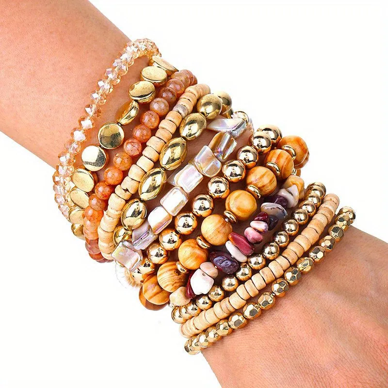 12pcs Boho Beach Bracelets Set, Resin Wooden Beaded Bracelets Set