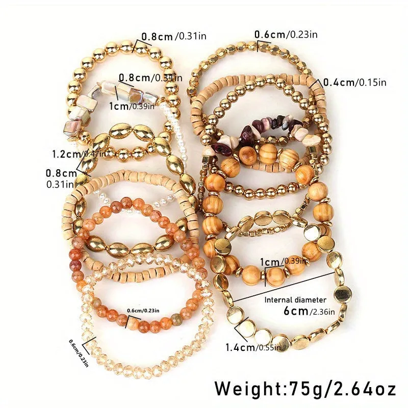 12pcs Boho Beach Bracelets Set, Resin Wooden Beaded Bracelets Set