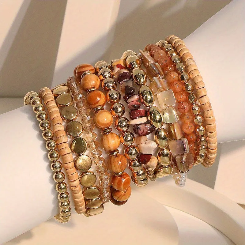 12pcs Boho Beach Bracelets Set, Resin Wooden Beaded Bracelets Set