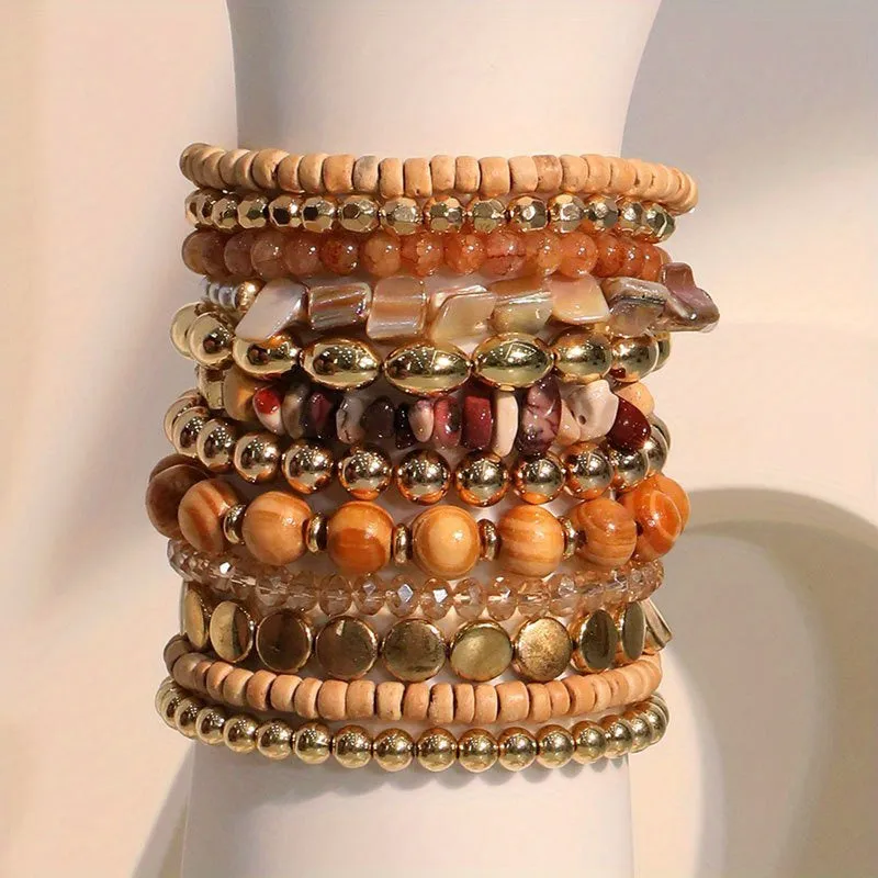 12pcs Boho Beach Bracelets Set, Resin Wooden Beaded Bracelets Set
