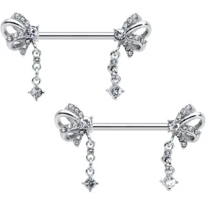 14 Gauge 9/16 Clear Gem Looping Bow Dangle Barbell Nipple Ring Set