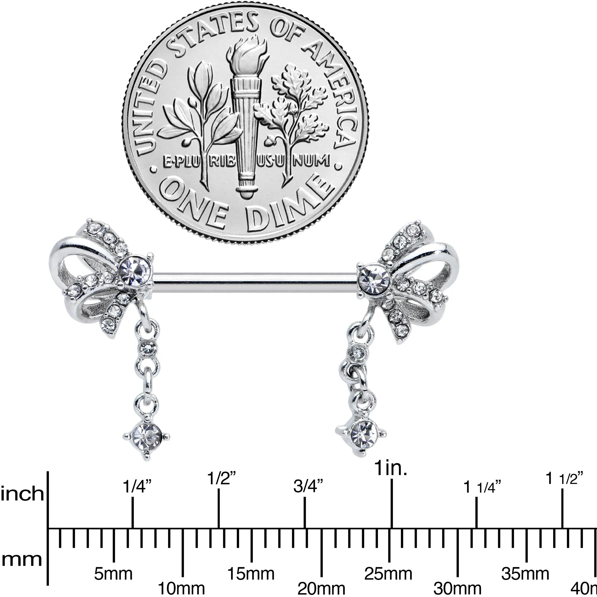 14 Gauge 9/16 Clear Gem Looping Bow Dangle Barbell Nipple Ring Set