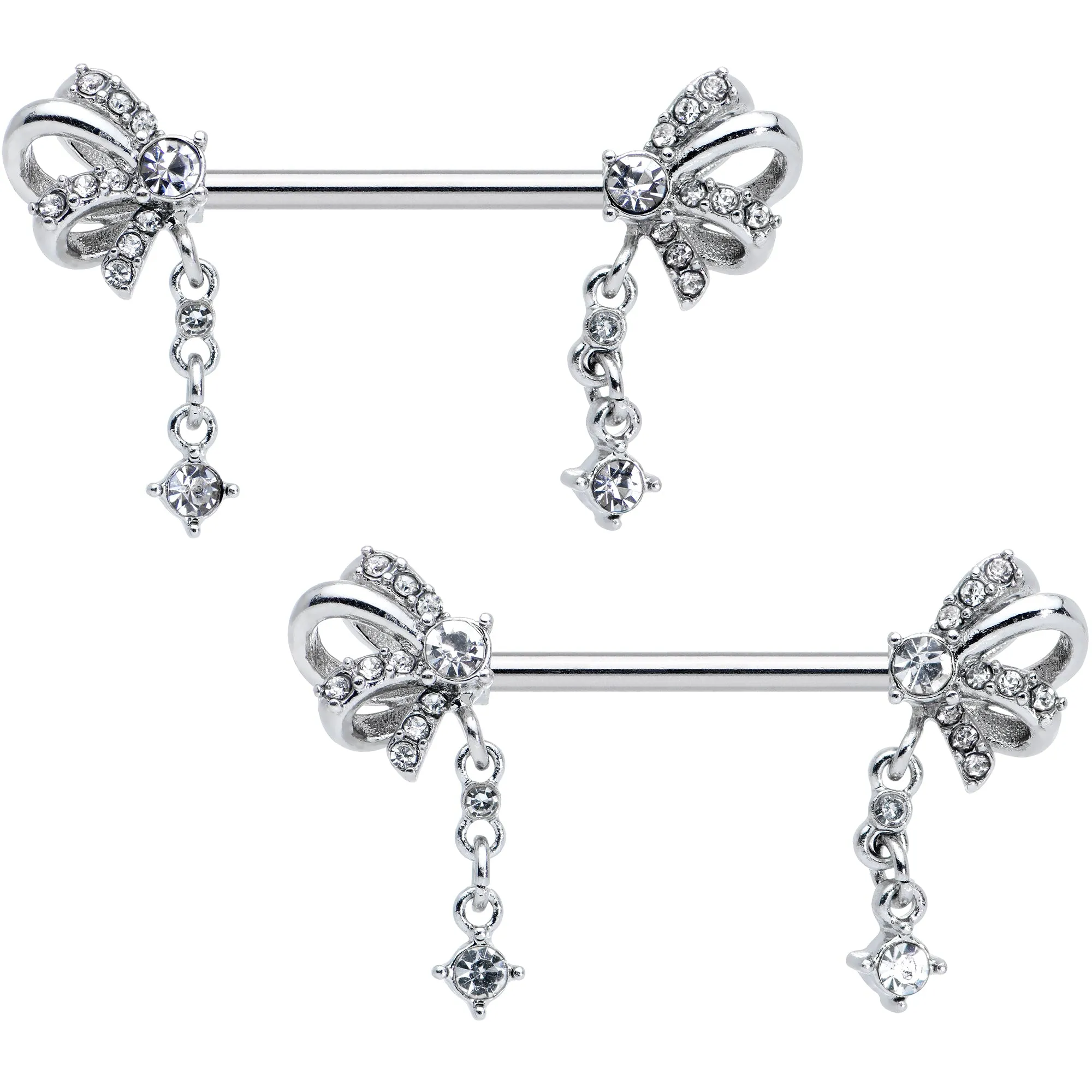 14 Gauge 9/16 Clear Gem Looping Bow Dangle Barbell Nipple Ring Set
