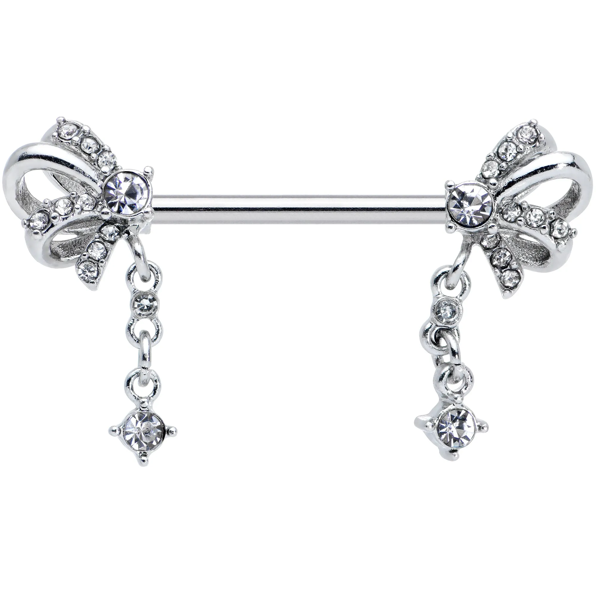 14 Gauge 9/16 Clear Gem Looping Bow Dangle Barbell Nipple Ring Set