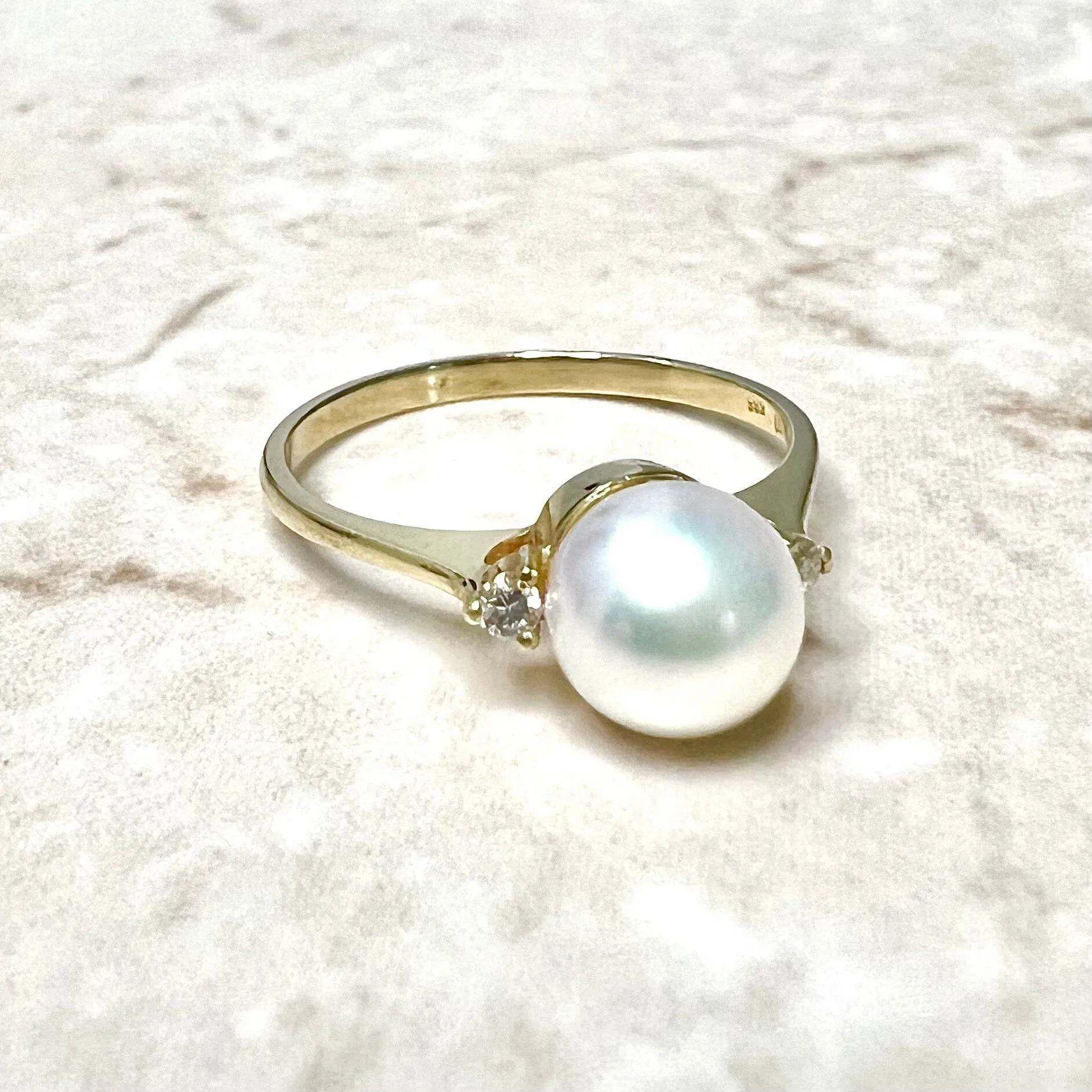 14 Karat Pearl & Diamond Three-Stone Ring