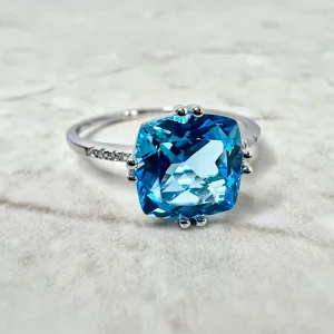 14 Karat White Gold Cushion Cut Swiss Blue Topaz & Diamond Ring