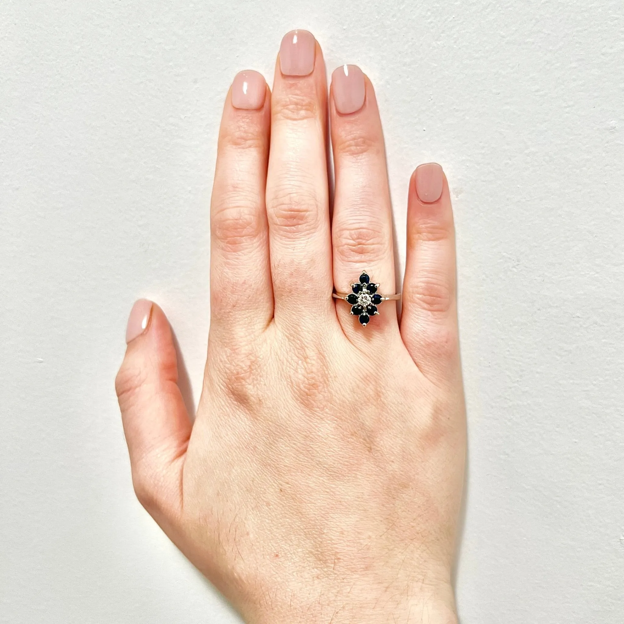 14 Karat White Gold Diamond & Blue Sapphire Halo Navette Ring