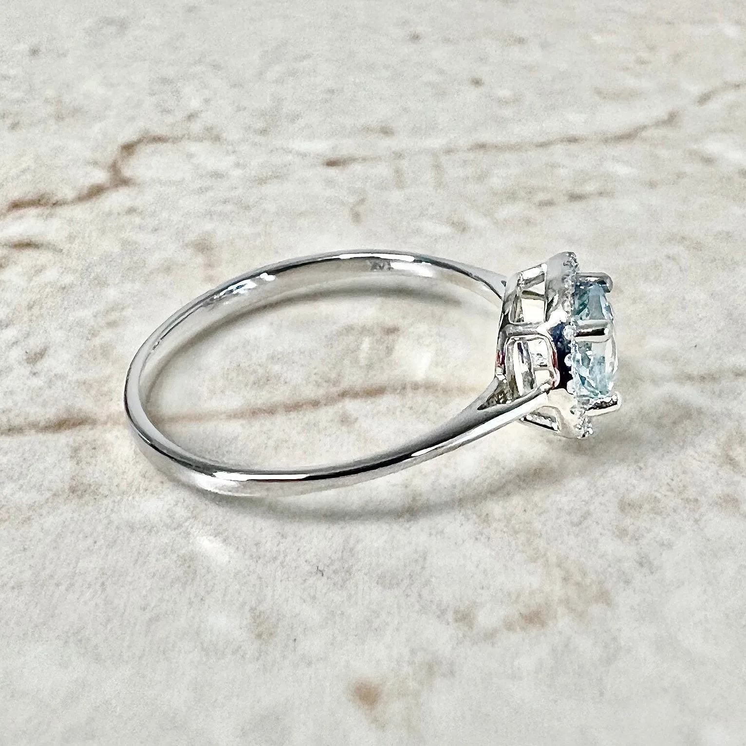14 Karat White Gold March Birthstone Round Aquamarine & Diamond Halo Ring