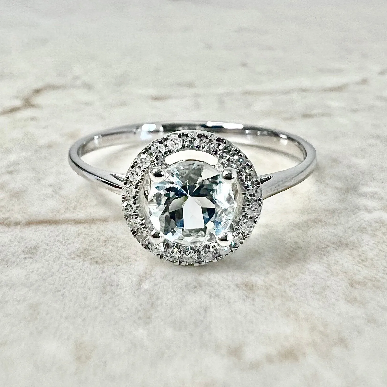 14 Karat White Gold March Birthstone Round Aquamarine & Diamond Halo Ring