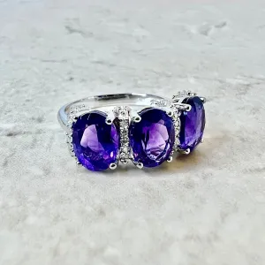 14 Karat White Gold Oval Amethyst & Diamond Three-Stone Ring