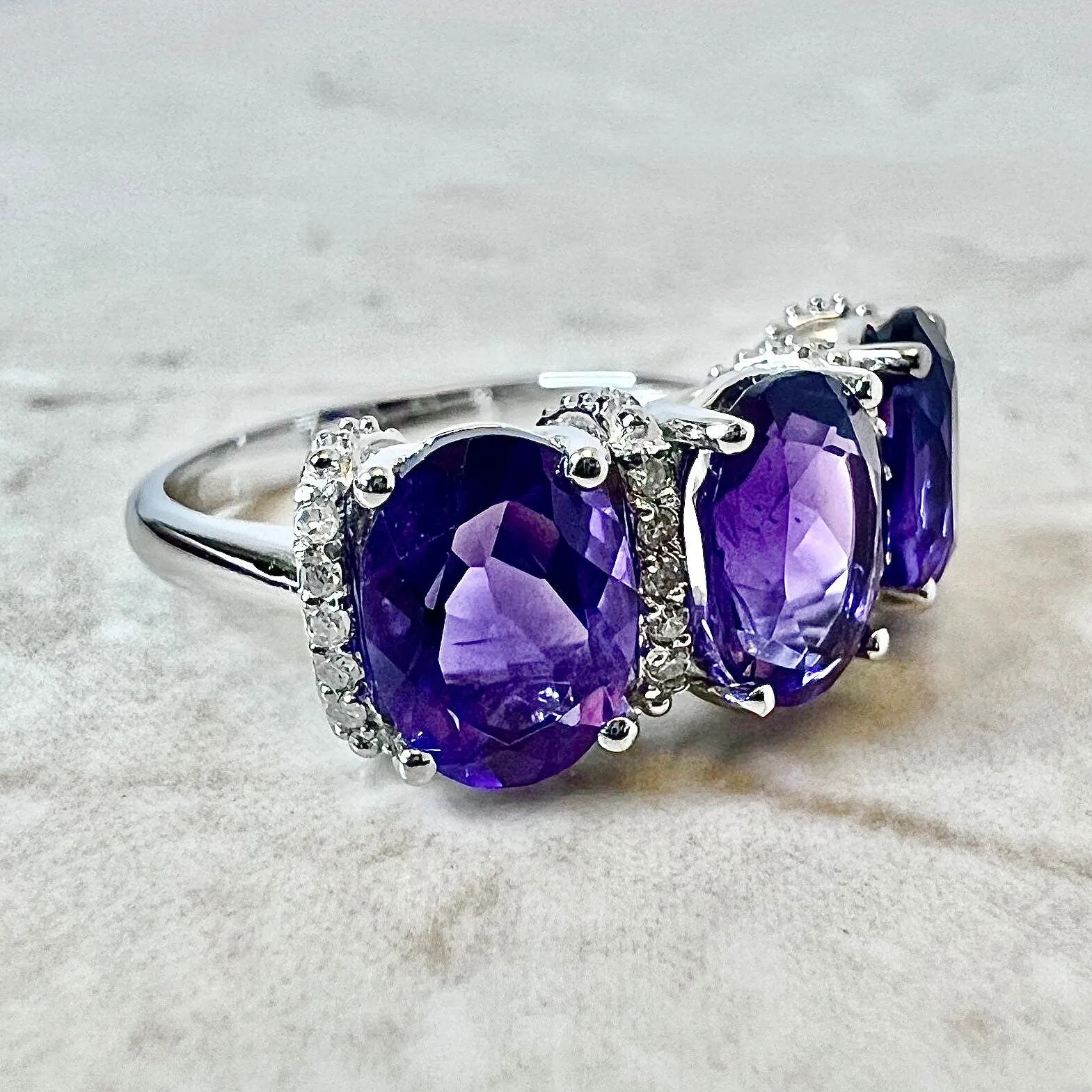 14 Karat White Gold Oval Amethyst & Diamond Three-Stone Ring