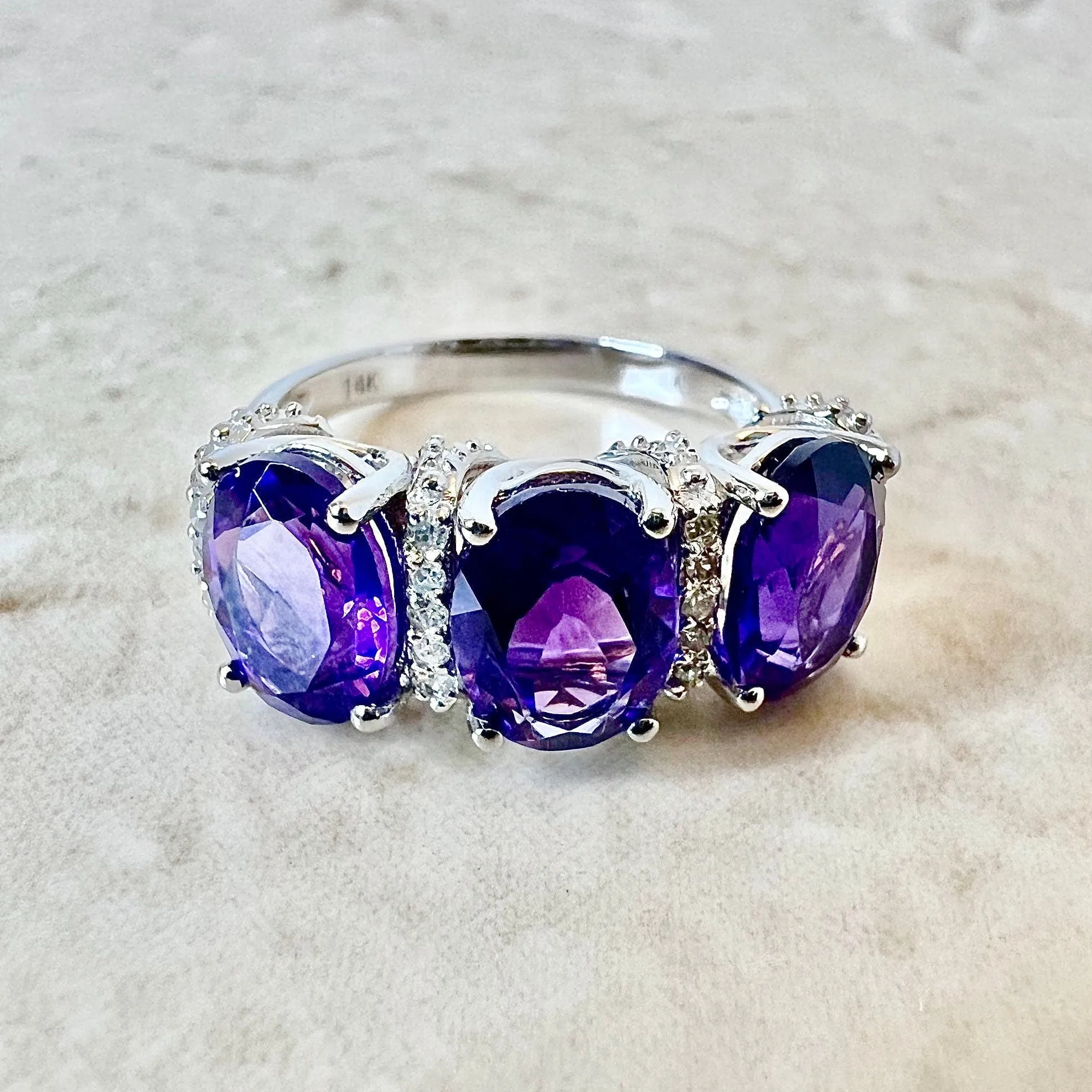 14 Karat White Gold Oval Amethyst & Diamond Three-Stone Ring