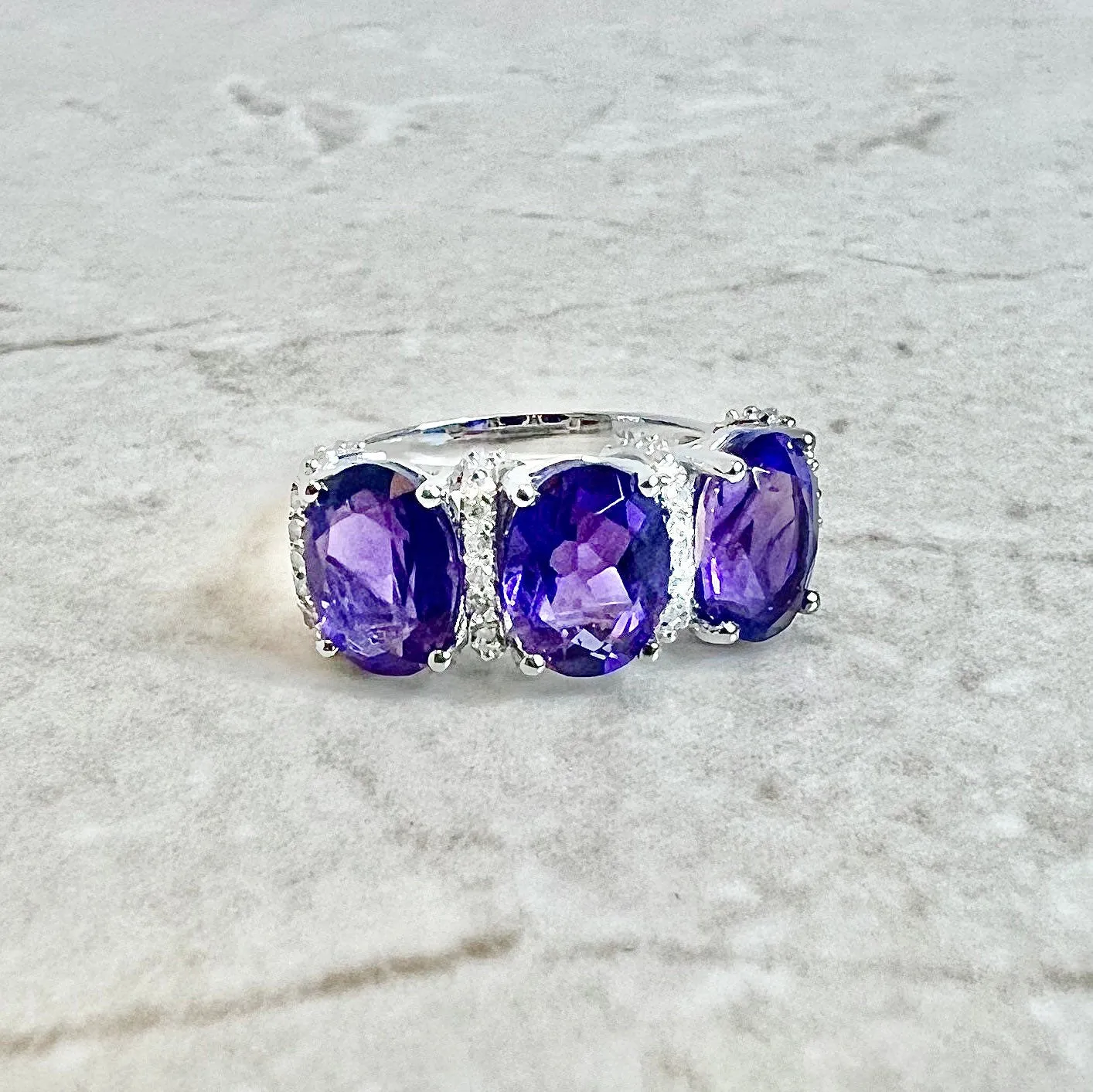 14 Karat White Gold Oval Amethyst & Diamond Three-Stone Ring
