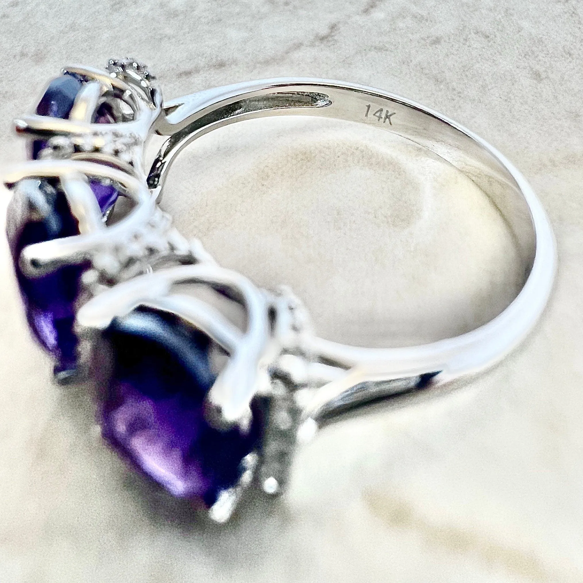 14 Karat White Gold Oval Amethyst & Diamond Three-Stone Ring