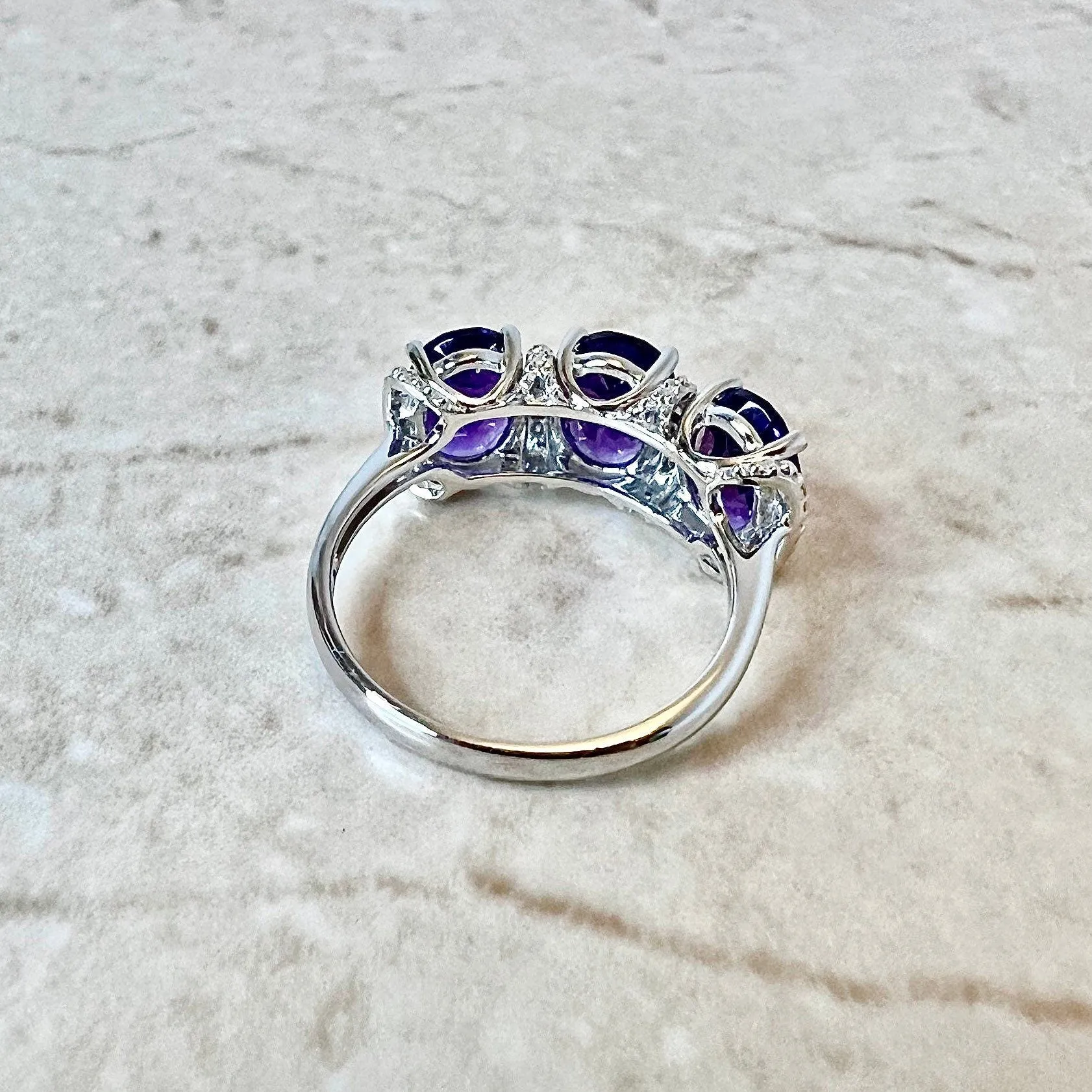 14 Karat White Gold Oval Amethyst & Diamond Three-Stone Ring