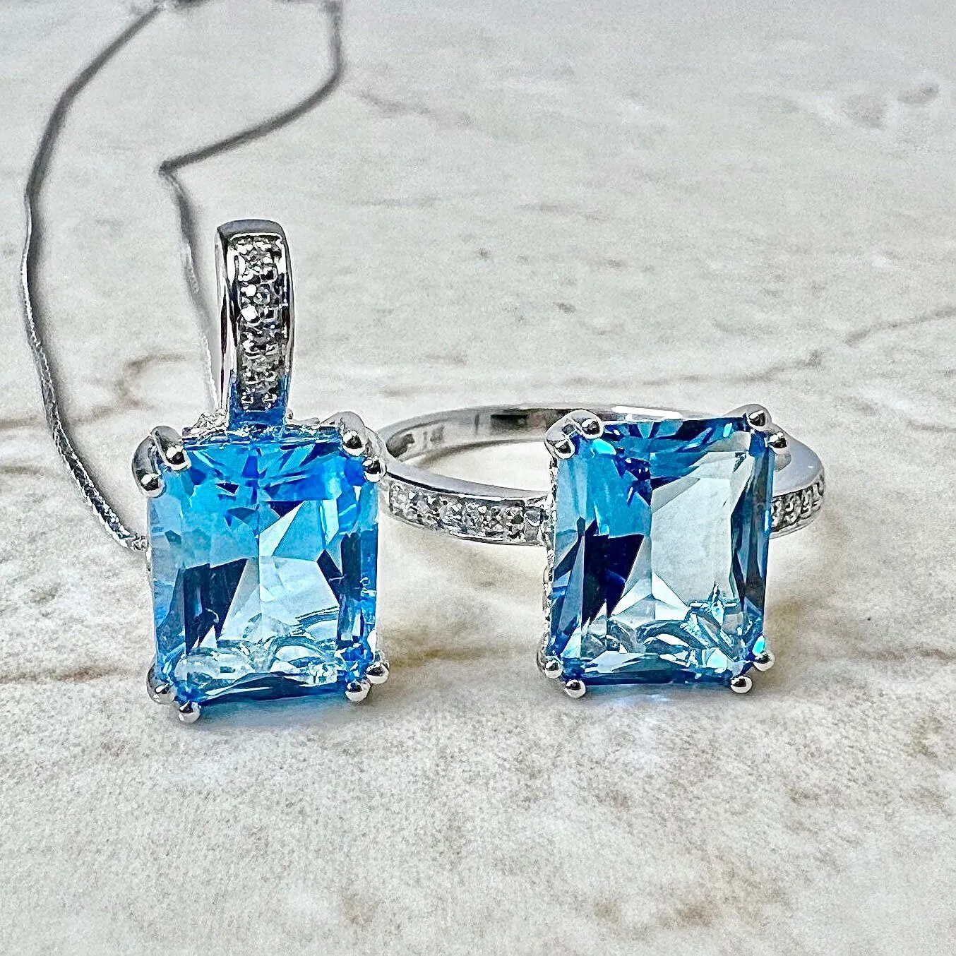 14 Karat White Gold Radiant Cut Swiss Blue Topaz & Diamond Ring And Pendant Necklace Set