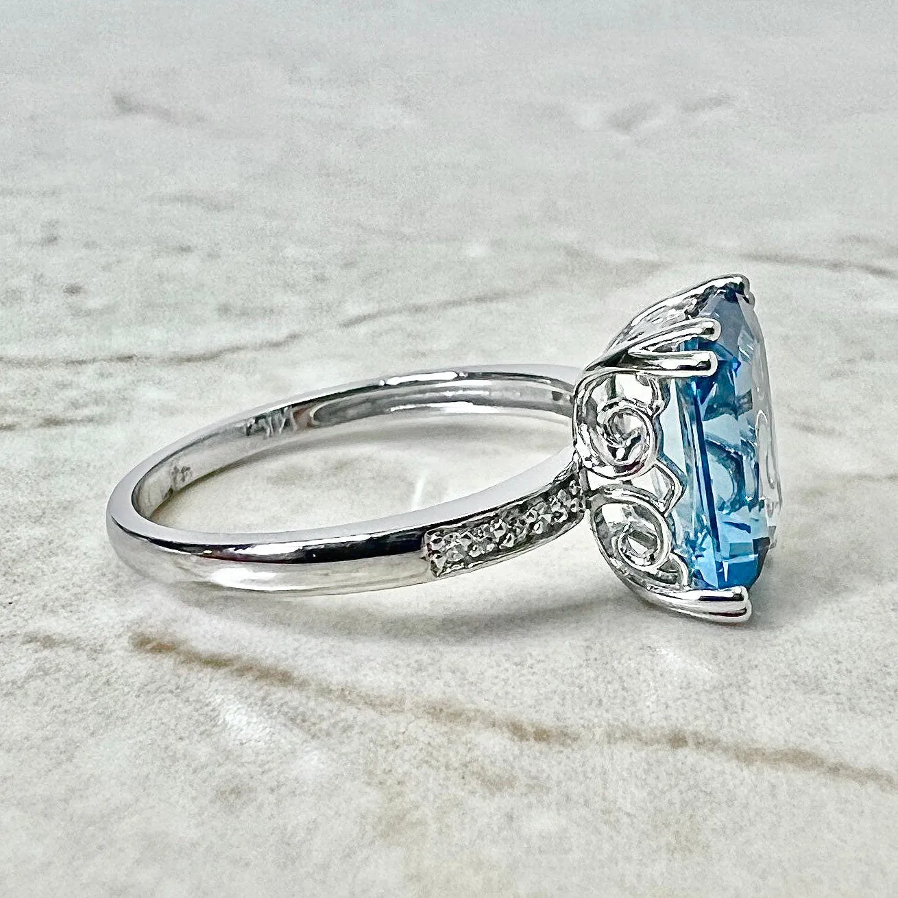 14 Karat White Gold Radiant Cut Swiss Blue Topaz & Diamond Ring And Pendant Necklace Set