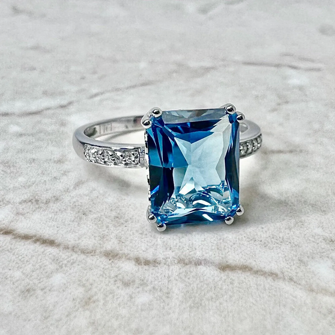 14 Karat White Gold Radiant Cut Swiss Blue Topaz & Diamond Ring And Pendant Necklace Set