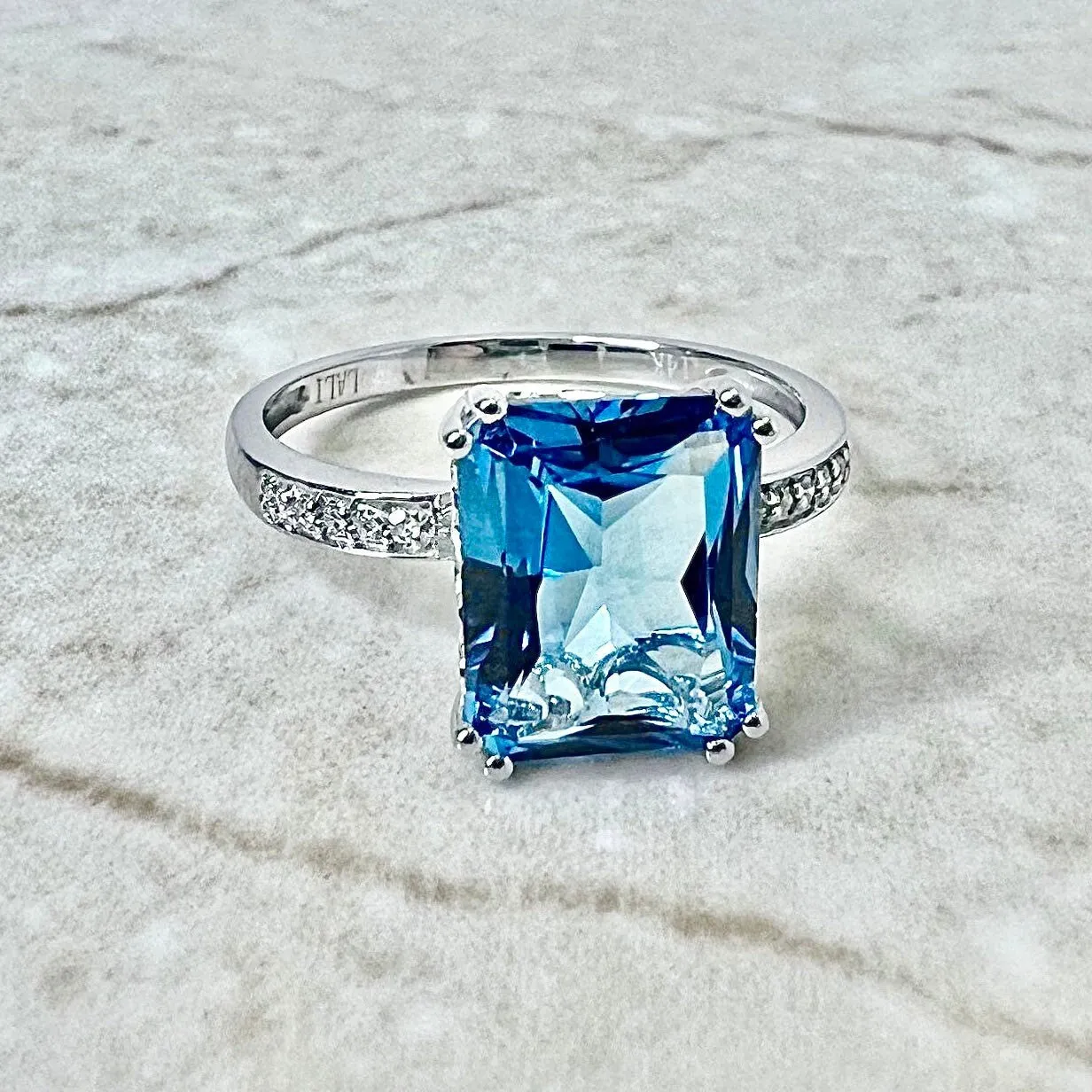 14 Karat White Gold Radiant Cut Swiss Blue Topaz & Diamond Ring And Pendant Necklace Set