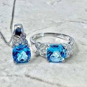 14 Karat White Gold Swiss Blue Topaz & Diamond Ring And Pendant Necklace Set