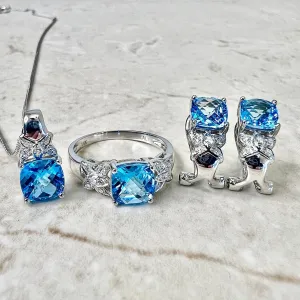 14 Karat White Gold Swiss Blue Topaz & Diamond Ring, Earrings And Pendant Necklace Set