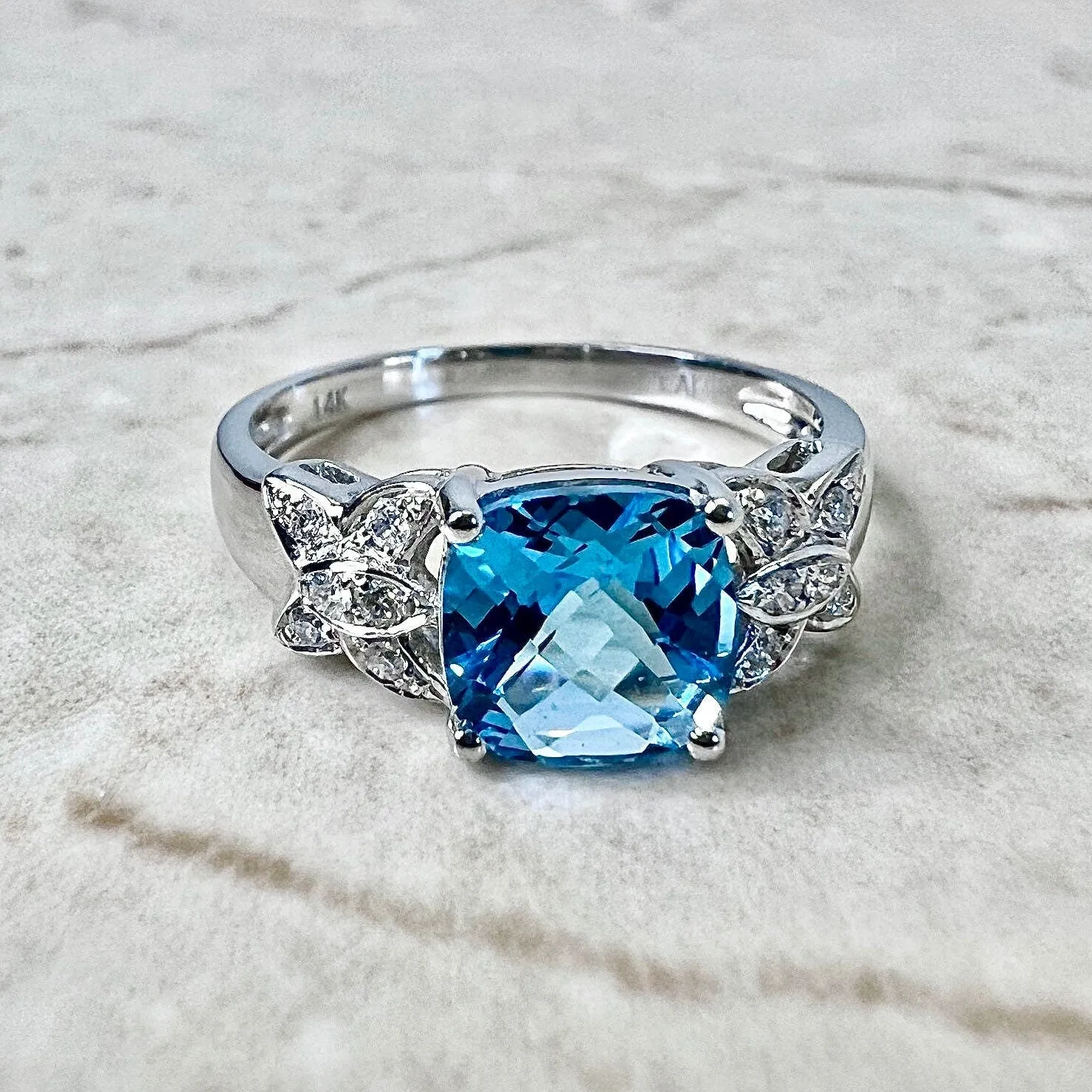 14 Karat White Gold Swiss Blue Topaz & Diamond Solitaire Cocktail Ring