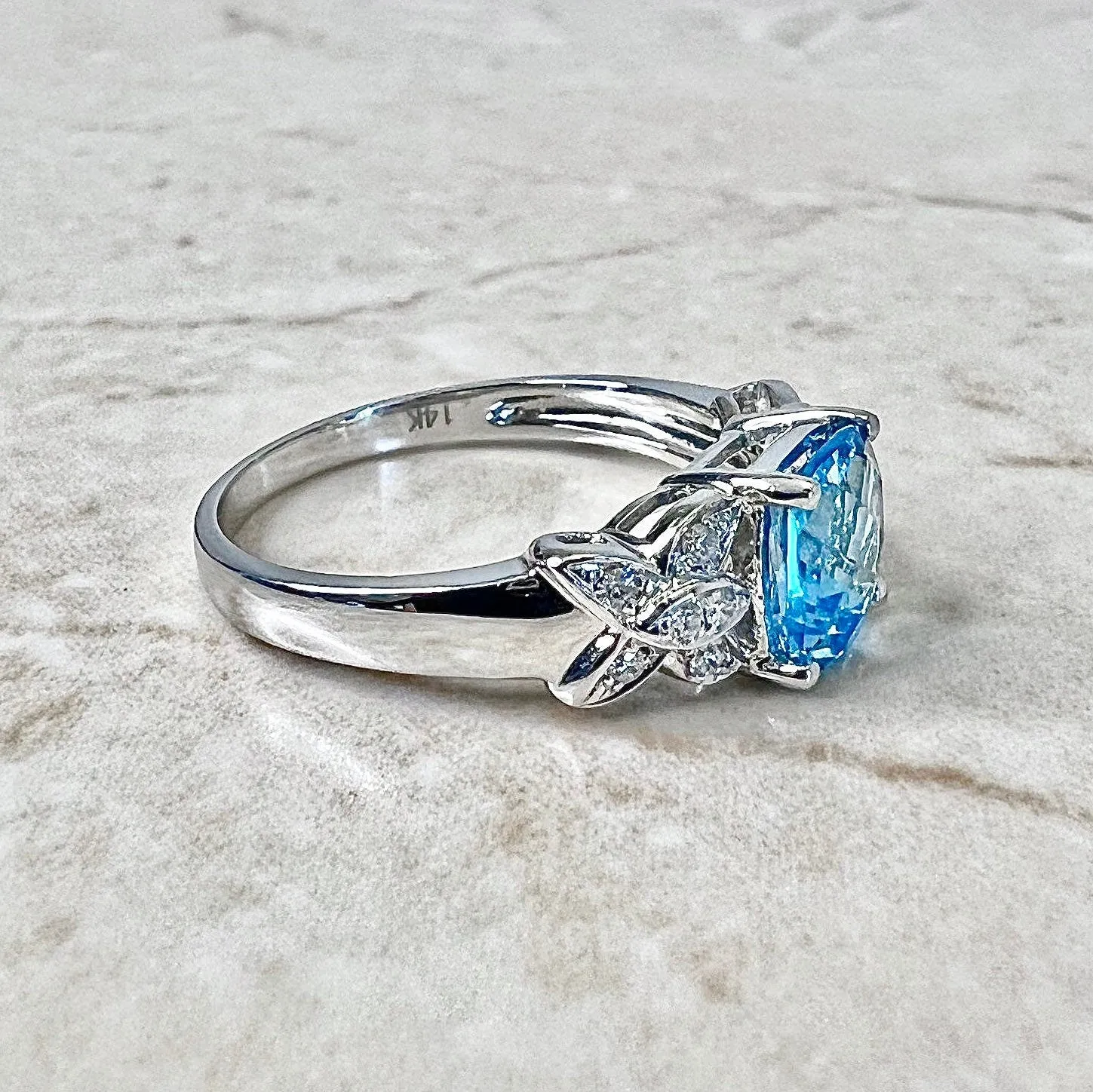 14 Karat White Gold Swiss Blue Topaz & Diamond Solitaire Cocktail Ring