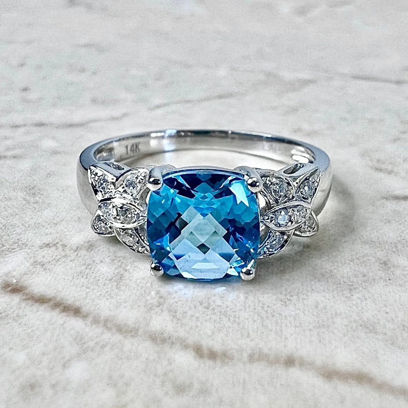 14 Karat White Gold Swiss Blue Topaz & Diamond Solitaire Cocktail Ring