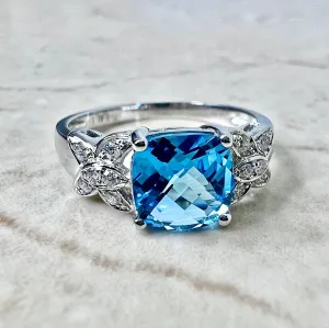 14 Karat White Gold Swiss Blue Topaz & Diamond Solitaire Cocktail Ring