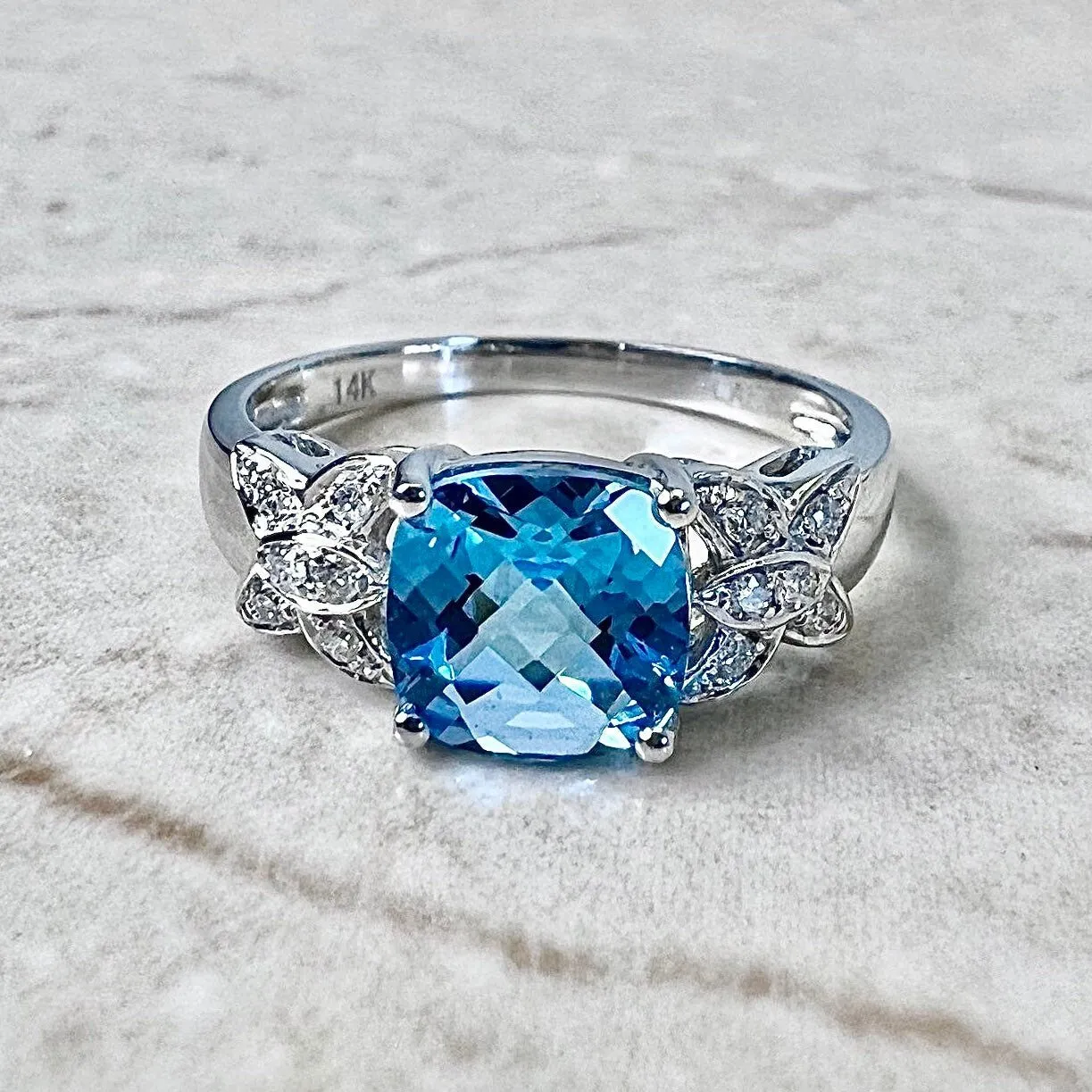 14 Karat White Gold Swiss Blue Topaz & Diamond Solitaire Cocktail Ring