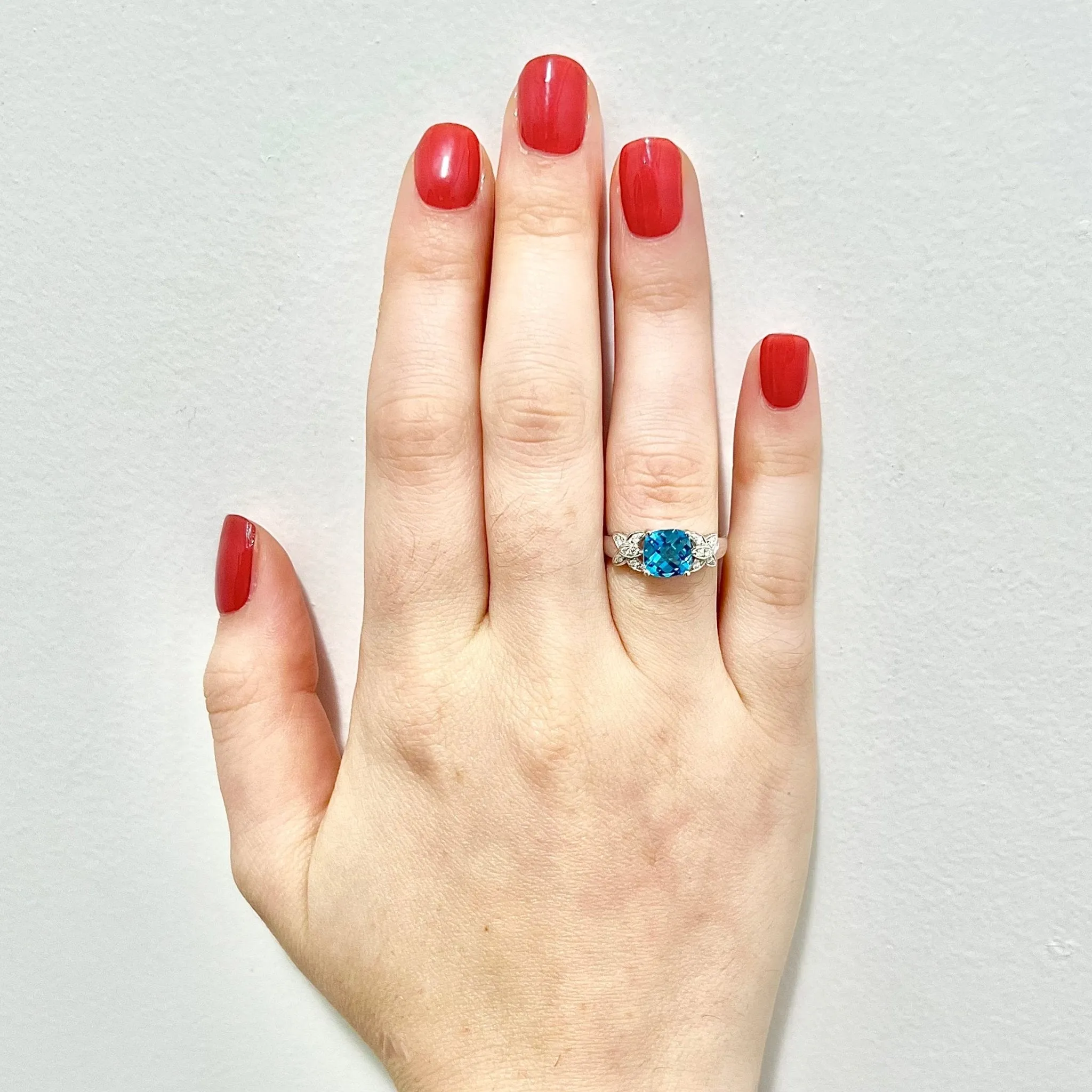 14 Karat White Gold Swiss Blue Topaz & Diamond Solitaire Cocktail Ring