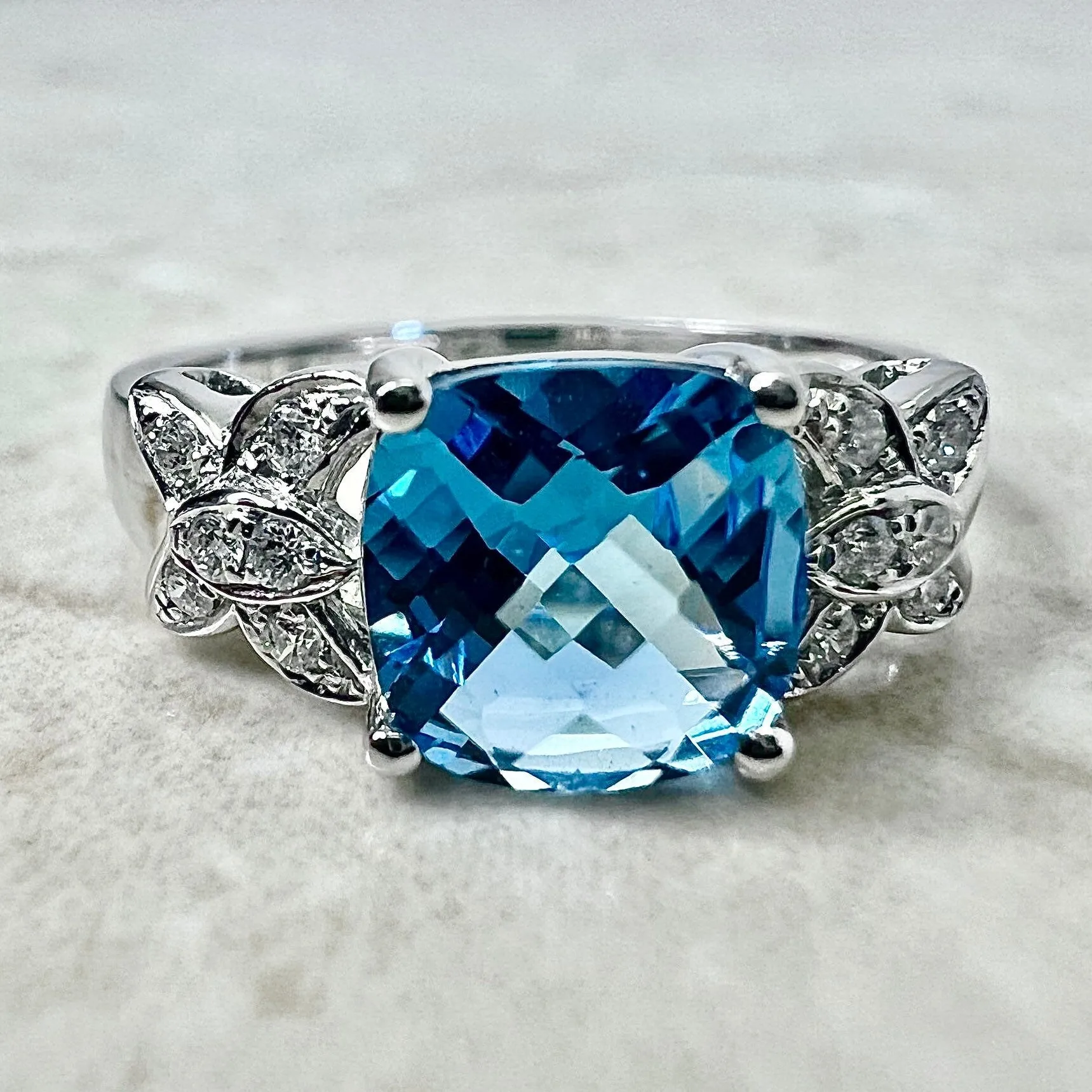 14 Karat White Gold Swiss Blue Topaz & Diamond Solitaire Cocktail Ring