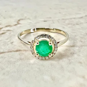 14 Karat Yellow Gold May Birthstone Round Emerald & Diamond Halo Ring