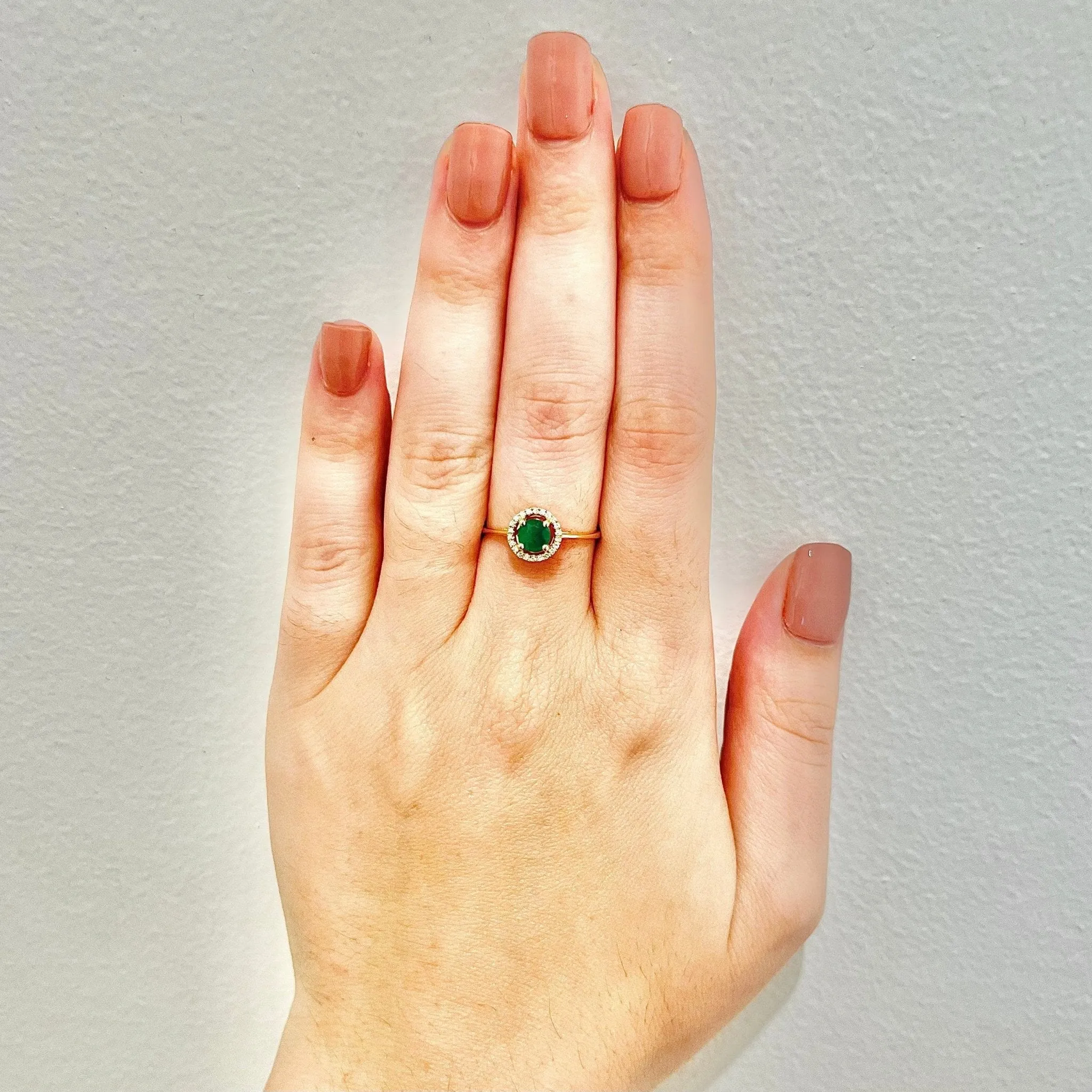14 Karat Yellow Gold May Birthstone Round Emerald & Diamond Halo Ring