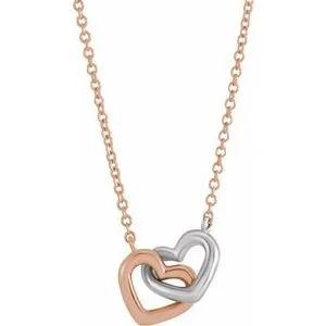 14K Rose/White Interlocking Heart 16" Necklace