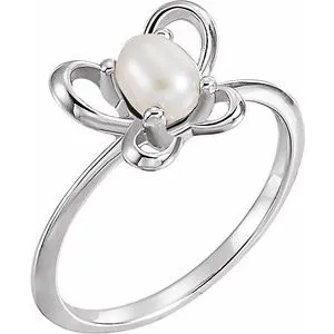 14K White 4x3 mm Pearl June Youth Butterfly Birthstone Ring