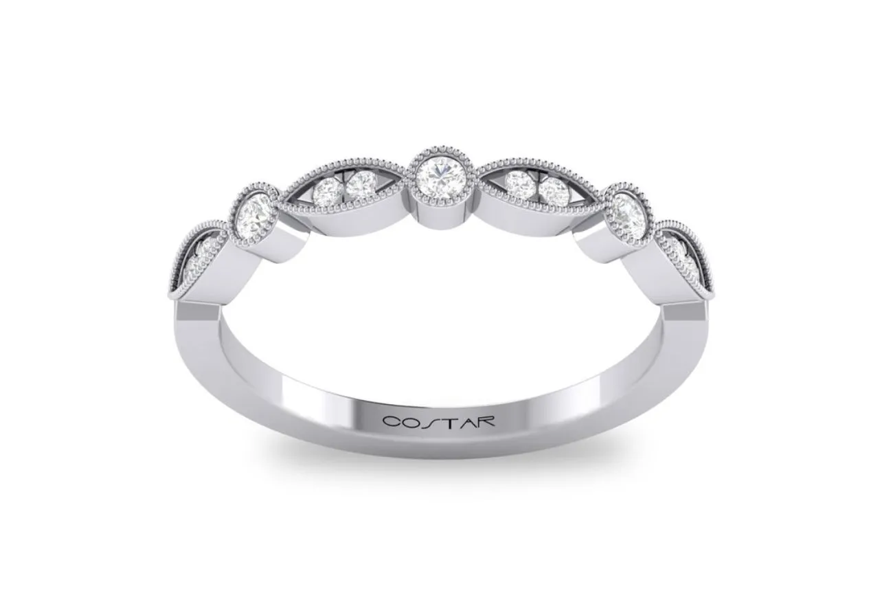 14K White Gold Birthstone and Diamond Milgrain detailed Marquee Band