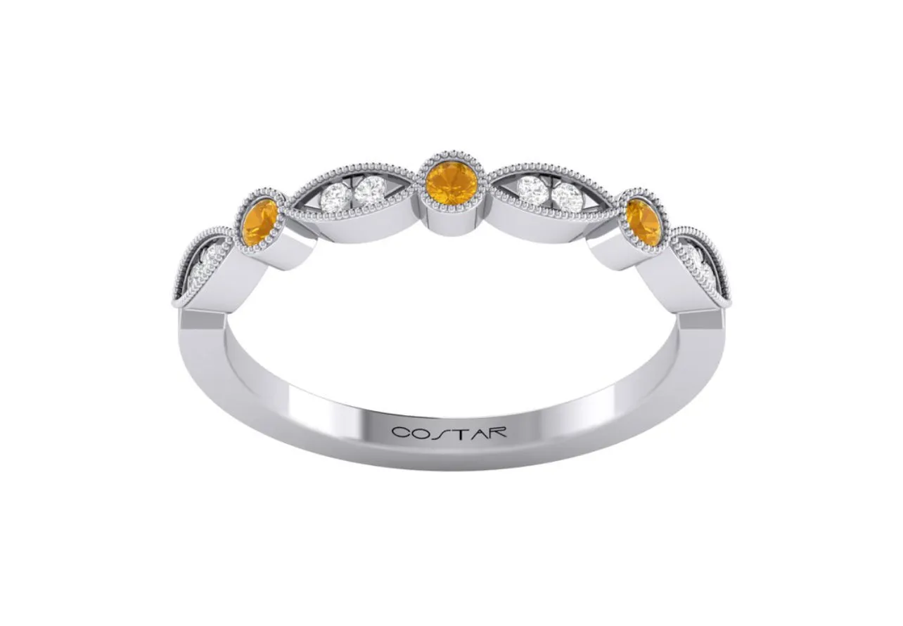 14K White Gold Birthstone and Diamond Milgrain detailed Marquee Band